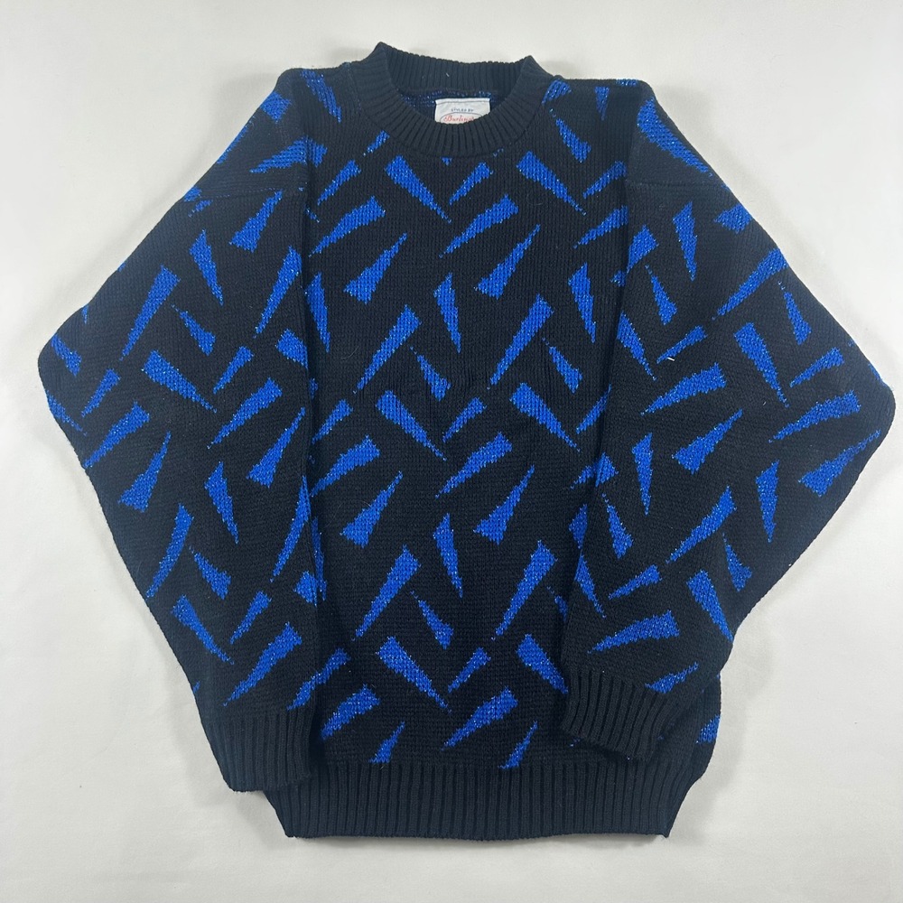 Burlington Vintage Women's Small‎ Sweater Geometric Blue Black Knit Made in USA